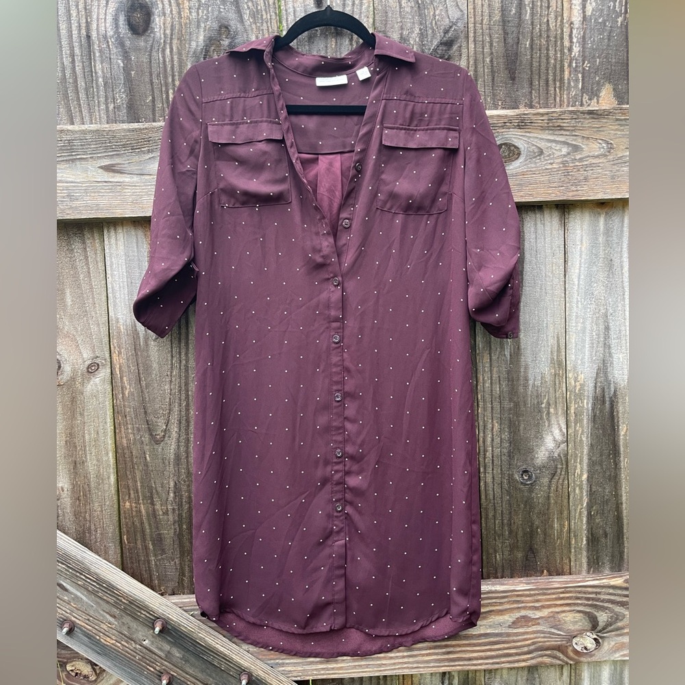 New York & Company Maroon Polka Dot Blouse Size XS